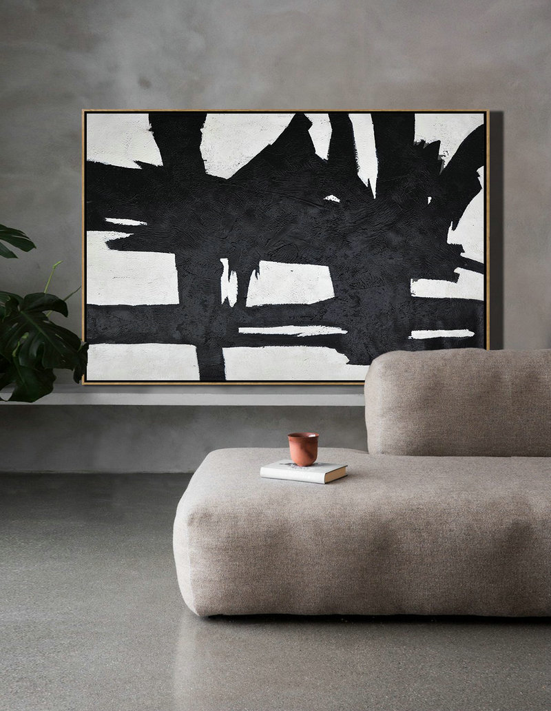 Modern Wall Art,Hand Painted Oversized Horizontal Minimal Art On Canvas, Black And White Minimalist Painting - Abstract Painting On Canvas
